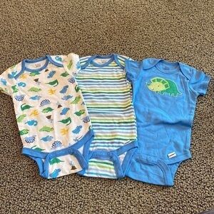 Gerber Blue and White Dinosaur and Striped Bodysuits